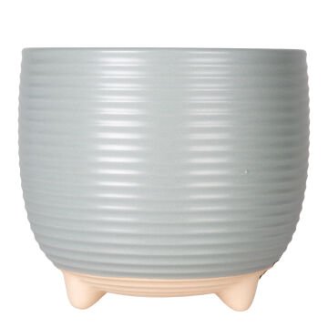 Seramik Saksı Ayaklı Yatay Kabartma Çizgili Pudra Mavi 17x15 Cm.