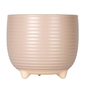 Seramik Saksı Ayaklı Yatay Kabartma Çizgili Krem 13x11,5 Cm.