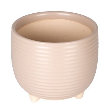 Seramik Saksı Ayaklı Yatay Kabartma Çizgili Krem 13x11,5 Cm.
