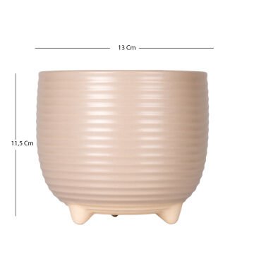 Seramik Saksı Ayaklı Yatay Kabartma Çizgili Krem 13x11,5 Cm.