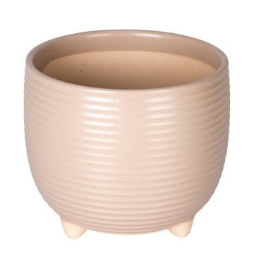 Seramik Saksı Ayaklı Yatay Kabartma Çizgili Krem 17x15 Cm.