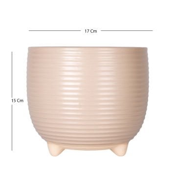 Seramik Saksı Ayaklı Yatay Kabartma Çizgili Krem 17x15 Cm.