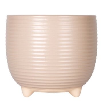 Seramik Saksı Ayaklı Yatay Kabartma Çizgili Krem 21x18,5 Cm.