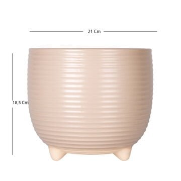 Seramik Saksı Ayaklı Yatay Kabartma Çizgili Krem 21x18,5 Cm.