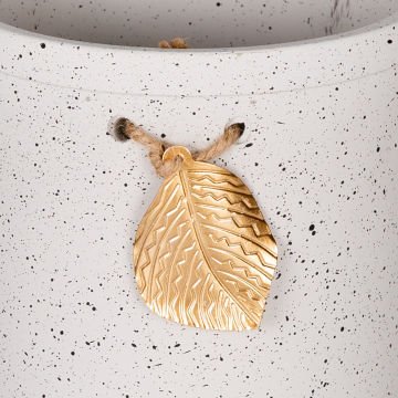 Seramik Saksı Gold Yaprak Aksesuarlı Beyaz 13,5x13 Cm.