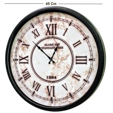 Beyaz Mermer Desenli Roma Rakamlı Duvar Saati Siyah Eskitme 45 Cm.