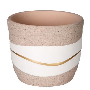 Seramik Saksı Gold Şeritli Desenli Bej-Beyaz 12x10 Cm.