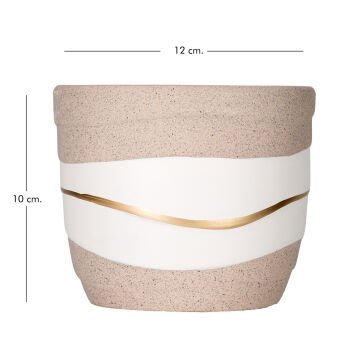 Seramik Saksı Gold Şeritli Desenli Bej-Beyaz 12x10 Cm.
