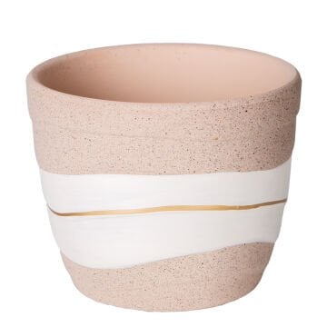 Seramik Saksı Gold Şeritli Desenli Bej-Beyaz 10x8 Cm.