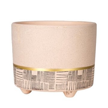 Seramik Saksı Gold Şeritli Desenli Bej 12x10 Cm.