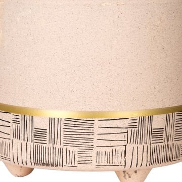 Seramik Saksı Gold Şeritli Desenli Bej 12x10 Cm.