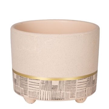 Seramik Saksı Gold Şeritli Desenli Bej 12x10 Cm.