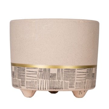 Seramik Saksı Gold Şeritli Desenli Bej 12x10 Cm.