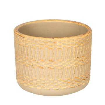 Seramik Saksı Otantik Kabartma Desenli Sarı-Bej 10x8 Cm.