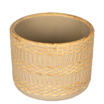 Seramik Saksı Otantik Kabartma Desenli Sarı-Bej 10x8 Cm.