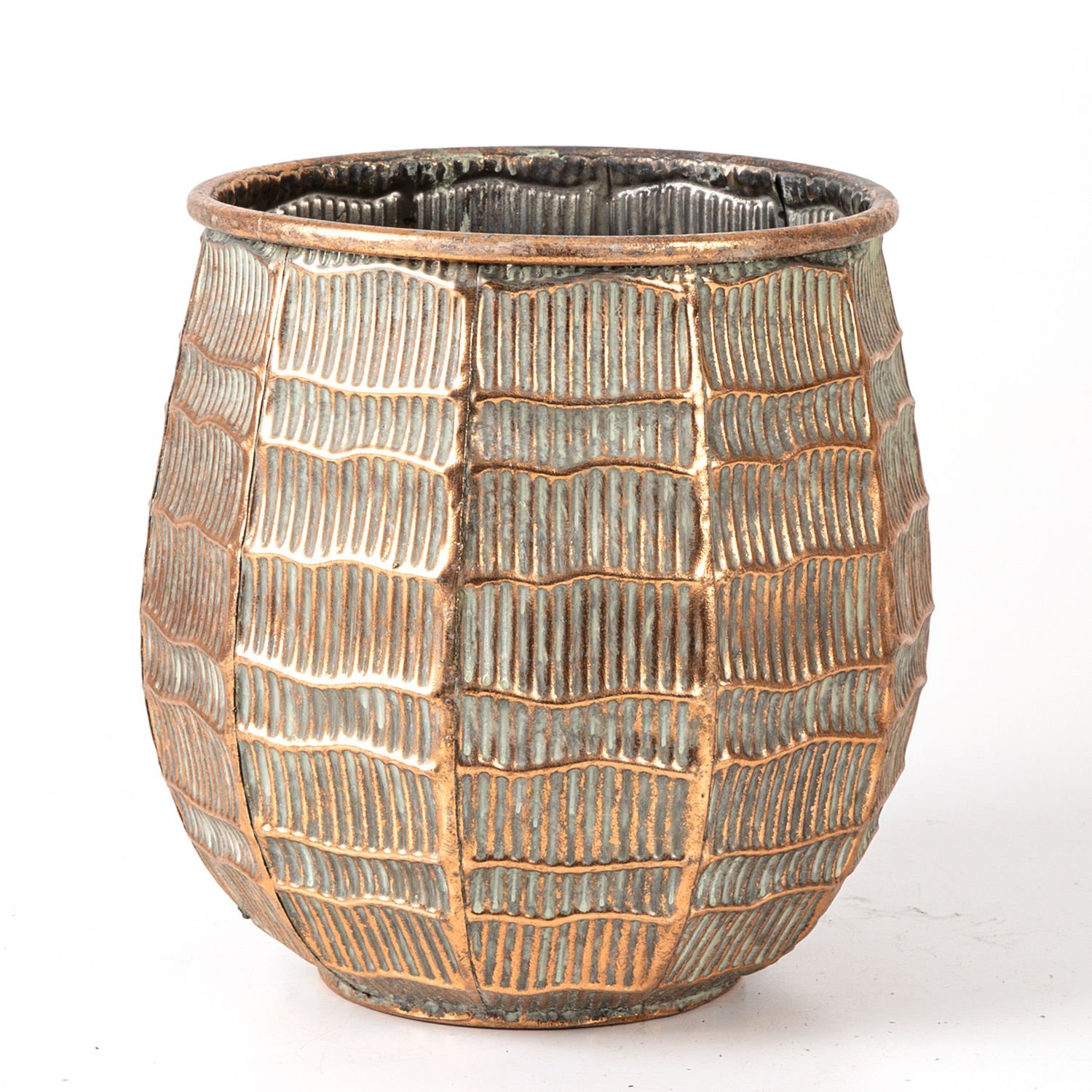 Kabartma Çizgi Desenli Metal Çiçeklik Saksı Bakır Eskitme-Gri 24x23x24 Cm.
