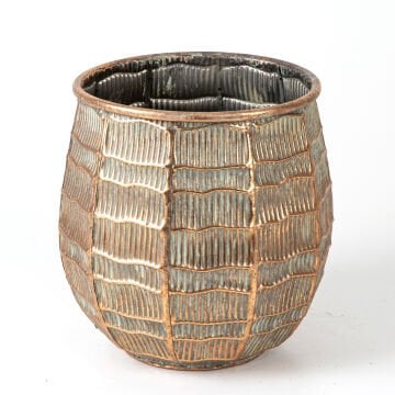 Kabartma Çizgi Desenli Metal Çiçeklik Saksı Bakır Eskitme-Gri 24x23x24 Cm.