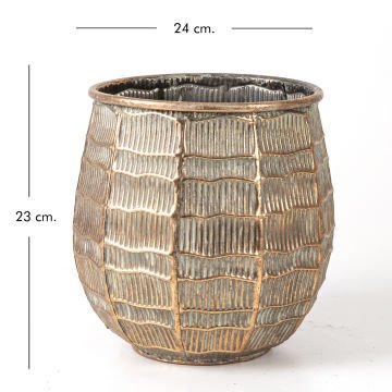Kabartma Çizgi Desenli Metal Çiçeklik Saksı Bakır Eskitme-Gri 24x23x24 Cm.