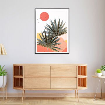 Siyah Ahşap Çerçeveli Gold Kabartmalı Palmiye Yaprağı Kanvas Tablo Bordo-Yeşil 60x3x80 Cm.