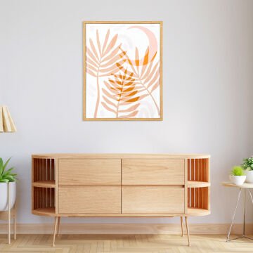 Doğal Ahşap Çerçeveli Areka Palmiyesi Yaprağı MDF Üzeri Baskı Tablo Somon-Beyaz 40x1,8x50 Cm.
