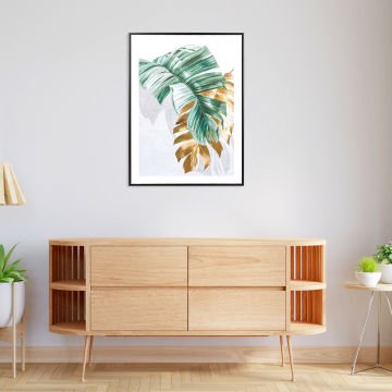 Siyah Ahşap Çerçeveli Palmiye Yaprağı Kanvas Tablo Gold-Yeşil 60x3x80 Cm.