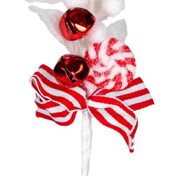 Yılbaşı Çiçeği Pike Berry Şeker figürlü Çanlı Kırmızı-Beyaz 25 Cm.