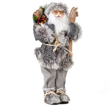 Yılbaşı Gri Kostümlü Hediye Paketi ve Kayak Takımı Taşıyan Noel Baba 45 Cm.