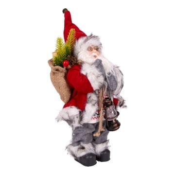 Yılbaşı Noel Baba Hediye Çuvallı Fenerli Gri Pantolonlu Kırmızı-Gri 30 Cm.