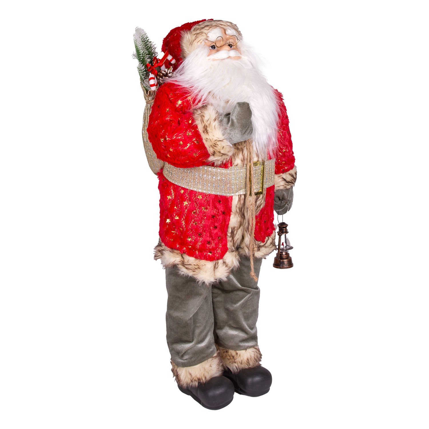 Yılbaşı Noel Baba Gold Hediye Çuvallı Yeşil Pantalonlu Fenerli Kırmızı-Yeşil 90 Cm.