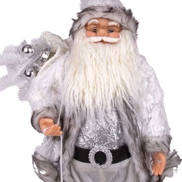 Yılbaşı Noel Baba Beyaz Hediye Çuvallı Fenerli Gümüş-Gri 60 Cm.