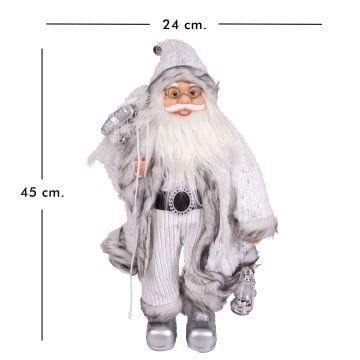 Yılbaşı Noel Baba Beyaz Hediye Çuvallı Fenerli Gümüş-Gri 45 Cm.