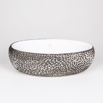 Veramaya Çiçek Motifli Oval Eskitme Beton Saksı 33x10x17 Cm