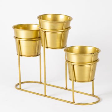 Dekoratif Metal Standlı 3'lü Saksı Altın 38x29x13 Cm.