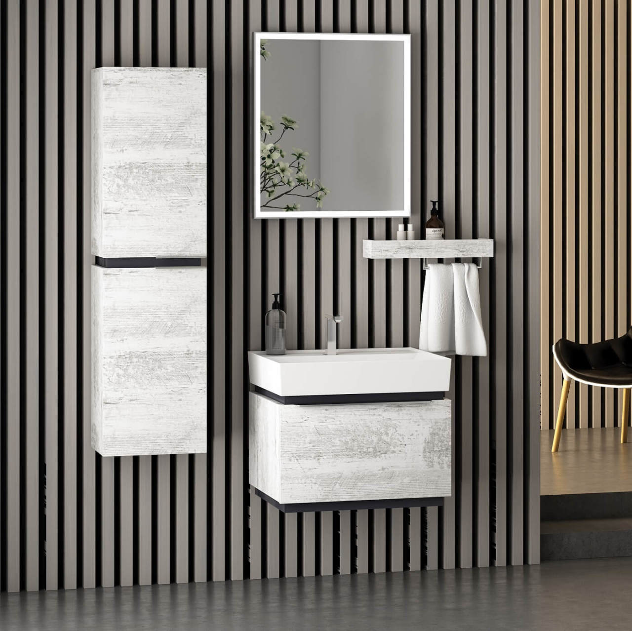 Mondeo 60 cm Banyo Dolabı Antik Beyaz Mat Antrasit Alt, Üst ve Yan Boy Dolap