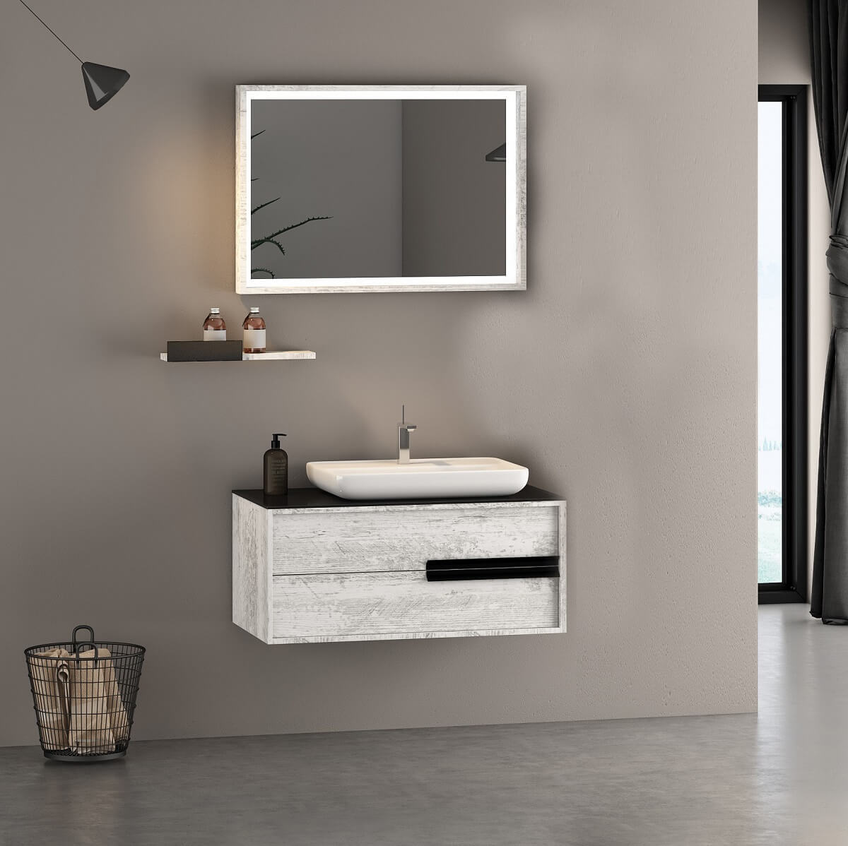 Camry 90 cm Banyo Dolabı Antik Beyaz Siyah