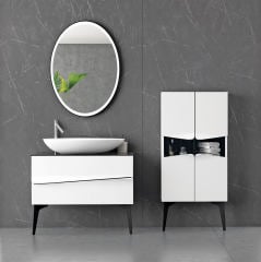 Mirage 100 cm Banyo Dolabı Beyaz Siyah Alt, Üst ve Yan Ayaklı Boy Dolap