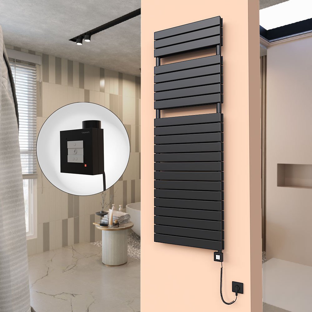 20H Elektrikli Havlupan 600x1772 Mat Siyah Ktx1 1000 Watt Spiral Kablolu