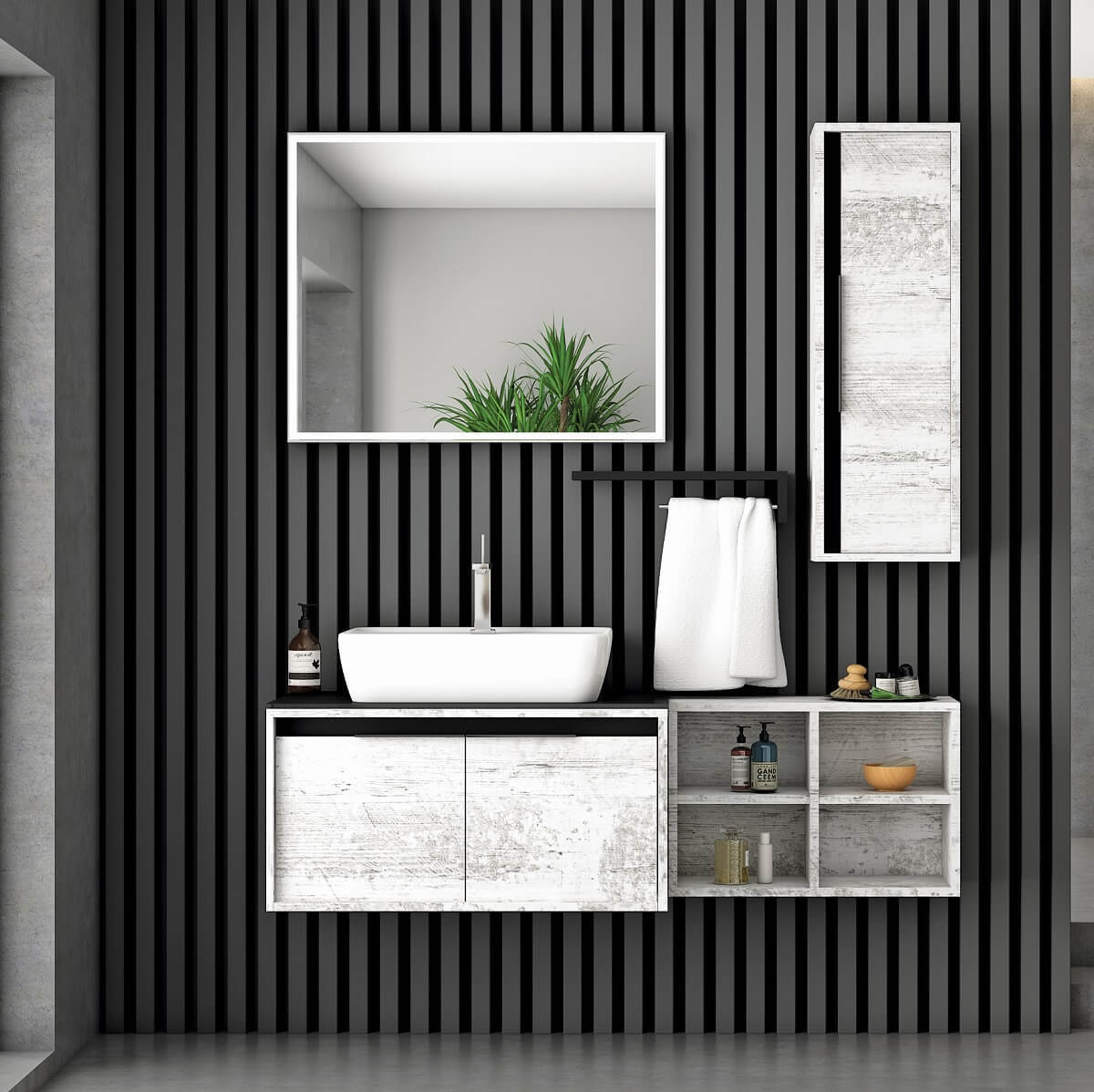 Sorento 80 cm Banyo Dolabı Antik Beyaz Alt, Üst ve Yan Boy Dolap