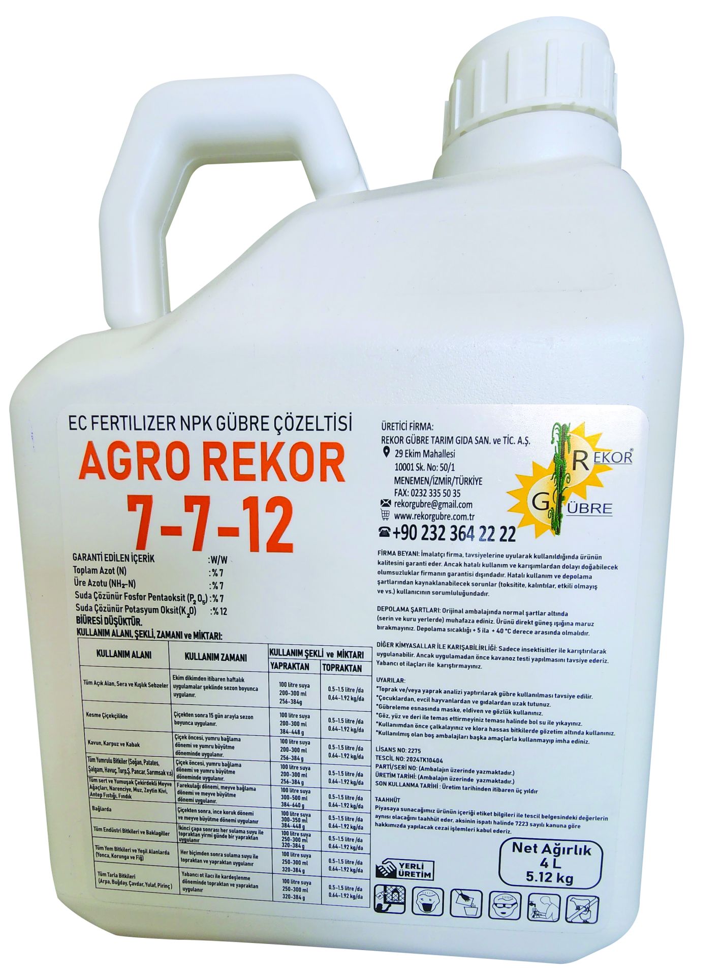 4L Agro Rekor 7-7 -12 ( Ec Fertilizer NPK Gübre Çözeltisi)
