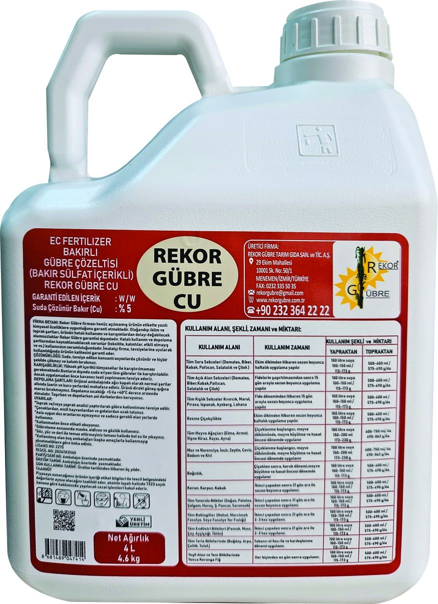 4L Rekor Gübre CU Ec Fertilizer Bakırlı Gübre Çözeltisi ( Bakır Sülfat İçerikli - % 5 lik )