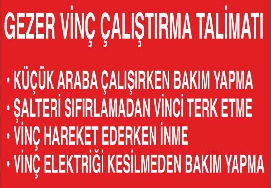 Gezer Vinç Çalıştırma Talimatı Uyarı Levhası