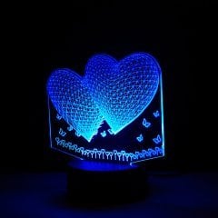 Kelebekli İki Kalp 3D Lamba