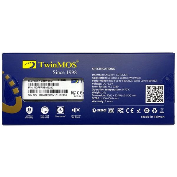 TwinMOS 256GB M.2 2280 SATA3 SSD (580/550Mb/s)