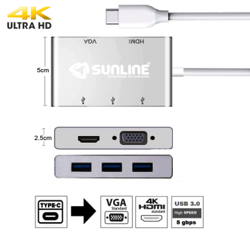 Sunline 170694 Type-C USB 3.0 Hub/HDMI 4K /VGA 5 in 1 Dönüştürücü