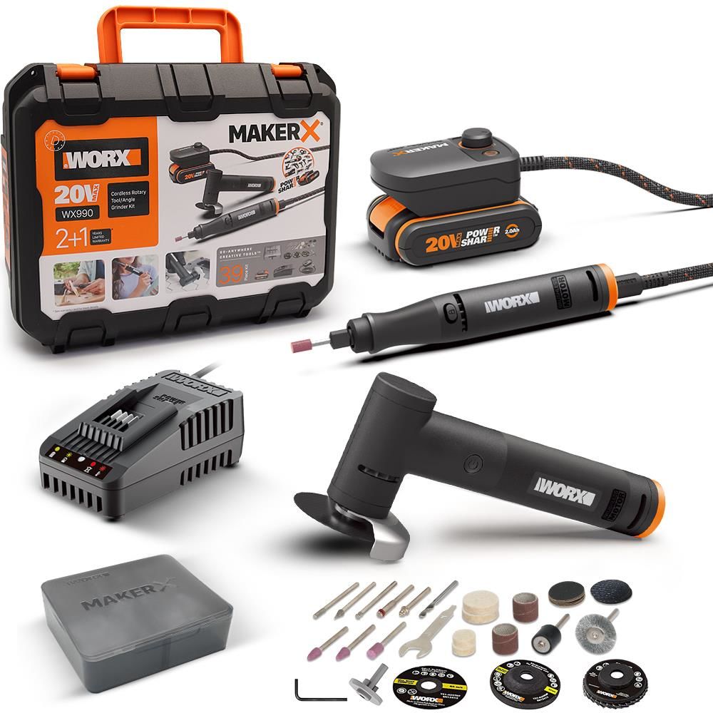 WORX WX990 MAKERX 20Volt 2.0Ah. Kömürsüz Profesyonel Kalem Tipi Devir Ayarlı Gravür + 50MM Açılı Avuç Taşlama Kombo Set + 39 Parça aksesuar