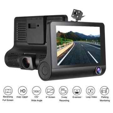 3 Kameralı 4'' Oto, Araç İçi Gece Görüşlü Yol Kayıt Kamerası FULL HD 1080P