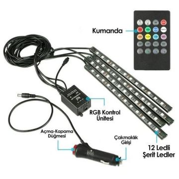 Oto Ayak Altı Led Lamba Uzaktan Kumandalı Sese Duyarlı 12V 4 Adet