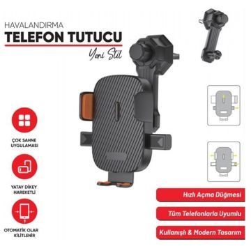 Oto, Araç Havalandırma Kancalı Telefon Tutucu Ayarlı Siyah