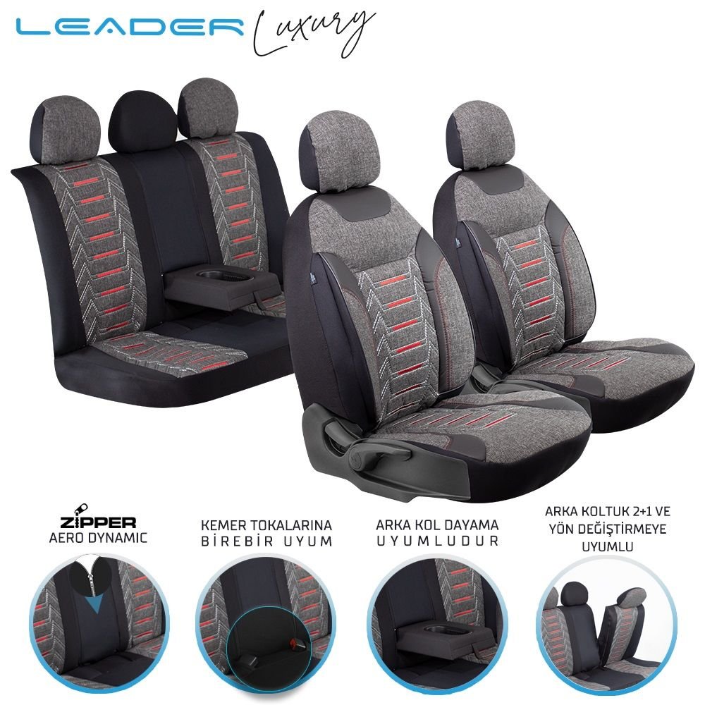 Leader Edition Nakış Keten Oto Koltuk Kılıfı Fermuarlı Lüks Siyah