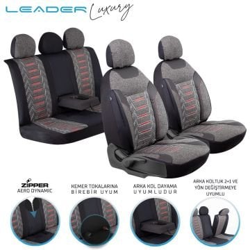 Leader Edition Nakış Keten Oto Koltuk Kılıfı Fermuarlı Lüks Siyah
